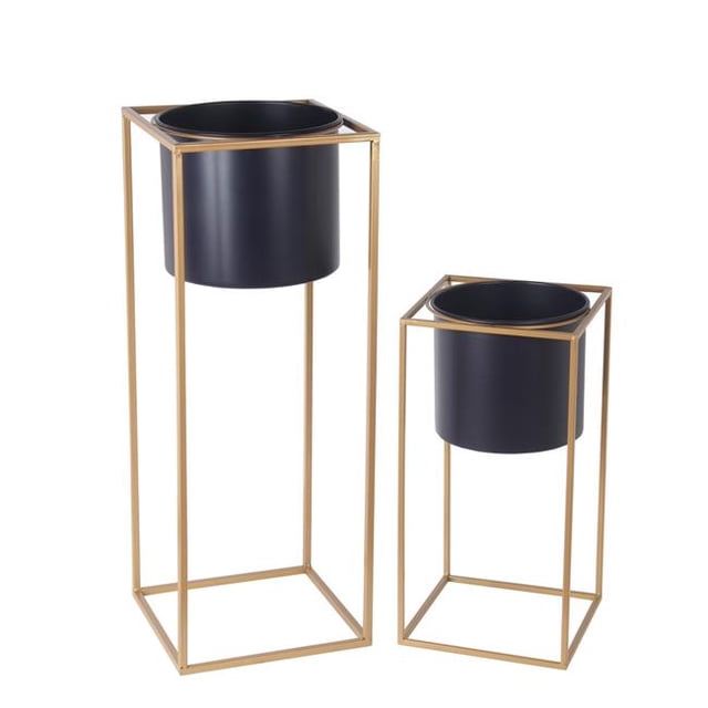 Jardinière Ronde en Métal avec Base Carrée&44; Or & Gris - Lot de 2