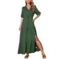 thumbnail image 1 of Vestido Casual de Mujer INSPIRE CHIC con Escote en V, Manga Corta, Cintura con Cordón, Diseño en Capas, Abertura, Corte A, Maxi con Bolsillos, Talla XL, Verde Ejército, 1 of 6