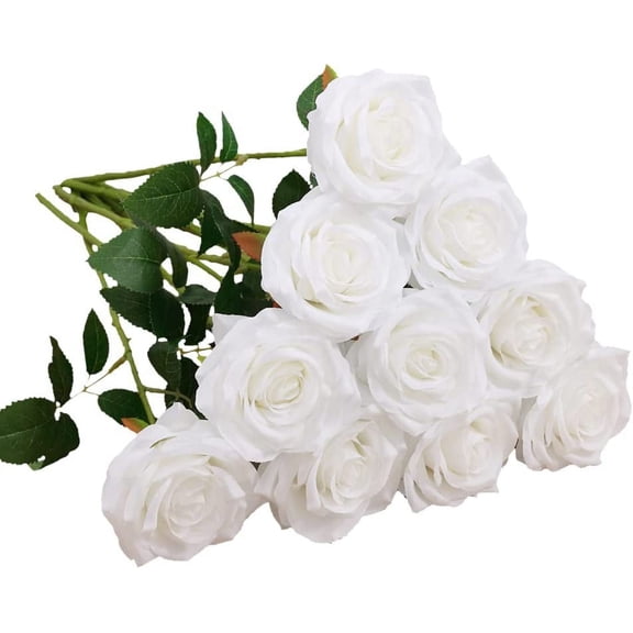 10pcs Artificial Rose Fake Faux Silk Flowers Artificial Roses with Long Stems for Wedding Arrangement, Bridal Bouquet, Centerpiece, Home Decoration (White)