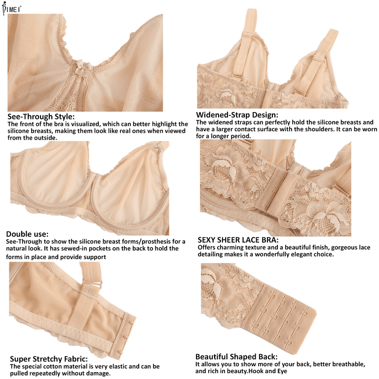 BIMEI See Through Bra CD Lace Mastectomy Lingerie Bra Silicone Breast Forms  Prosthesis Pocket Bra with Steel Ring 9018,Beige,42D 