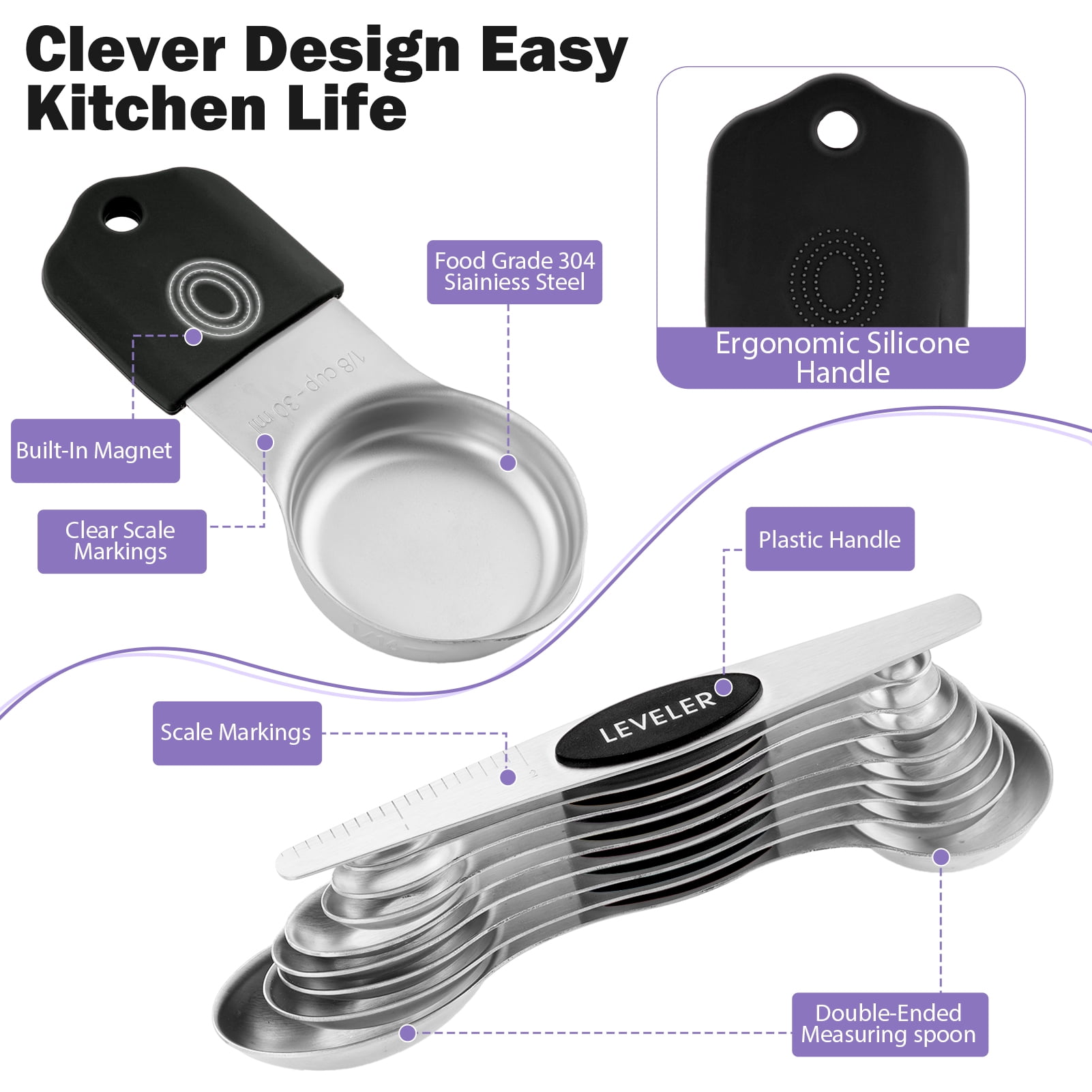 Lumikrypt 16 Piece Magnetic Measuring Cups and Spoons Set, Stainless Steel Nesting Metal Measuring Cups Set with Leveler for Dry and Liquid Ingredients, Kitchen Gadgets for Cooking & Baking (Black)