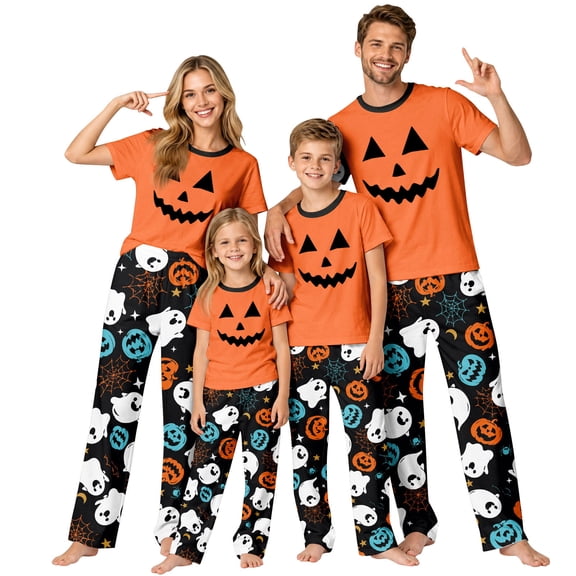 Grblisyd Halloween Family Matching Pajamas Sets Pumpkin Print Short Sleeve Top & Pants Two Piece Set Sleepwear Pjs