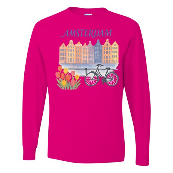 Inktastic Amsterdam Cityscape with Bicycle and Tulips Long Sleeve T-Shirt