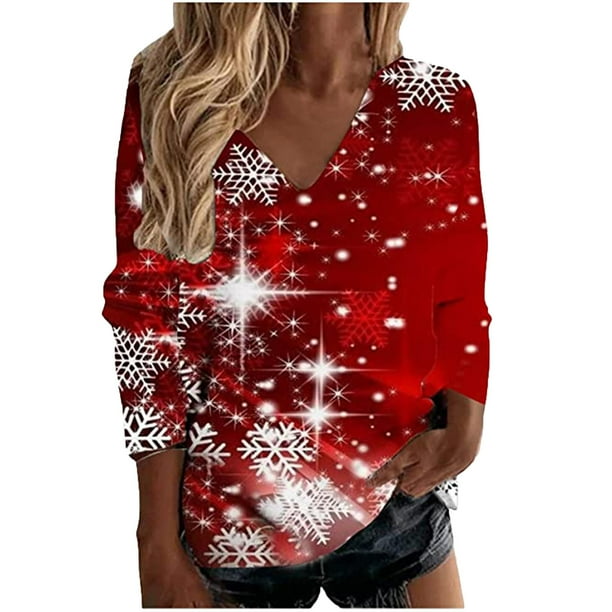 Blusa navideña de manga larga con cuello en V y estampado de copos de nieve informal a la moda para mujer Fridja FKASFK4179