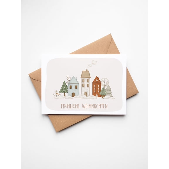 Frohe Weihnachten Christmas Card Charming Winter Scene with Snowy Houses and Trees Blank Inside, Envelope Included Perfect Holiday Greeting for Friends and Family