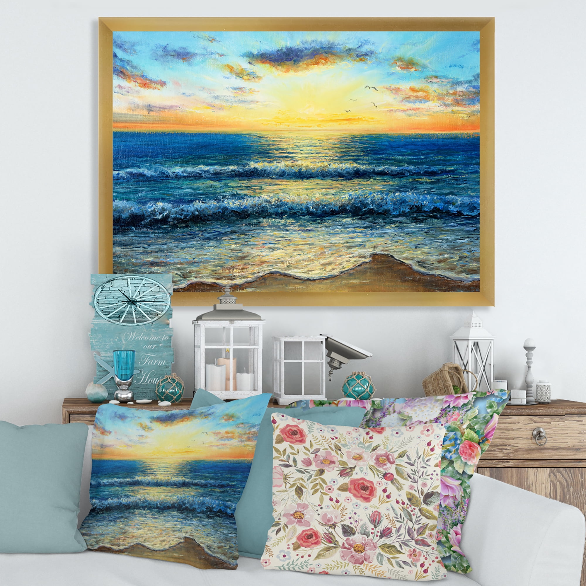 Designart 'Sunrise Glow On The Ocean Waves I' Nautical & Coastal Framed Art Print