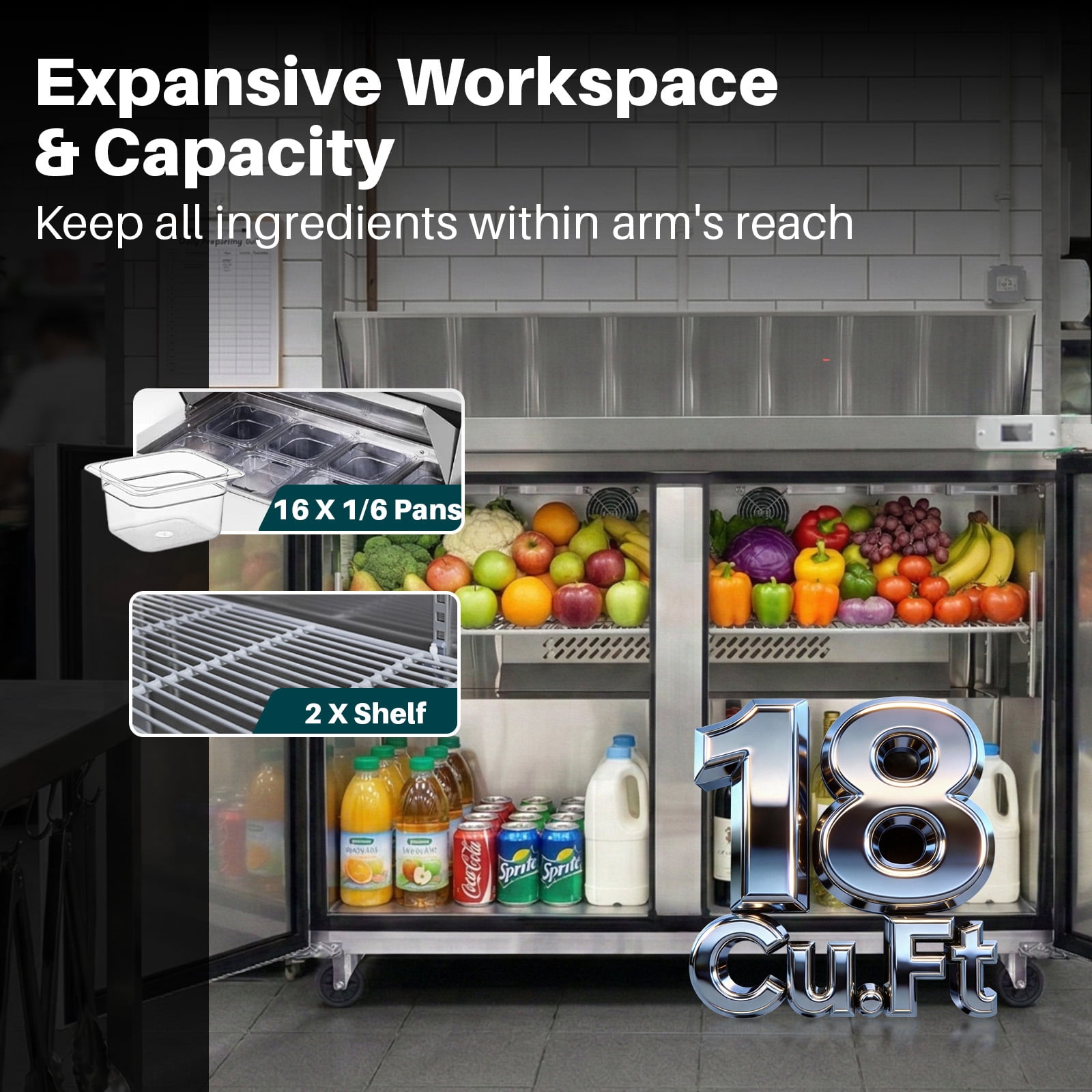 60" W Commercial Sandwich Salad Prep Table Refrigerator for Restaurant Bar Shop, Stainless Steel Sandwich Prep Table with 16 Pans, 18 Cu.Ft Capacity, Auto Defrost, Digital Temp Control, Low Noise