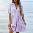 thumbnail image 4 of SAWOBUUN Womens Summer Gingham Shirt Dress Casual Short Sleeve V Neck Button Tiered Mini Dress Casual Plaid Dress, 4 of 7