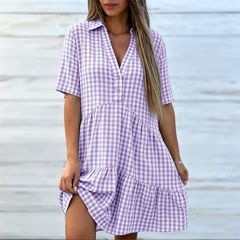 NTACZA Henley Neck with Shirt Collar Women'S Summer Dresses Button Smock Dress Tiered Hem Mini Striped Empire Waist Beach Black