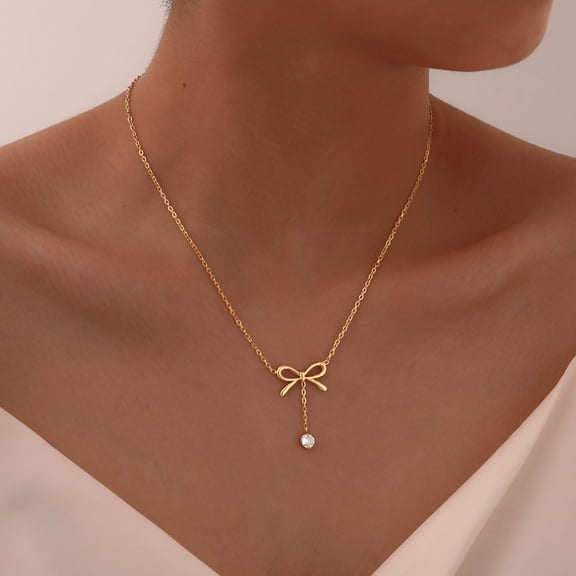 Bow Charms Zirconia Drop Necklace Pendant for Women, 14K Yellow Gold Link Chain Jewelry