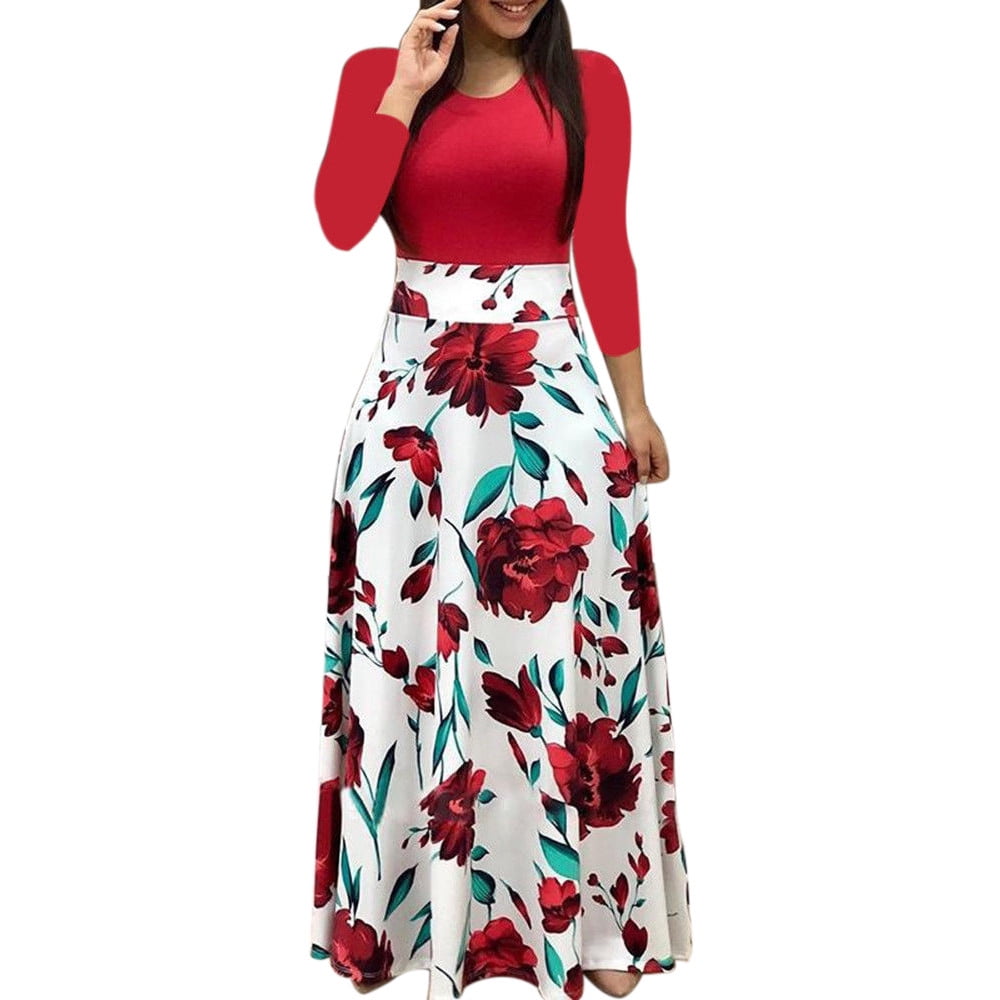Womens Dresses Long Sleeve Floral Long Long Print Casual Dress Red XL ...