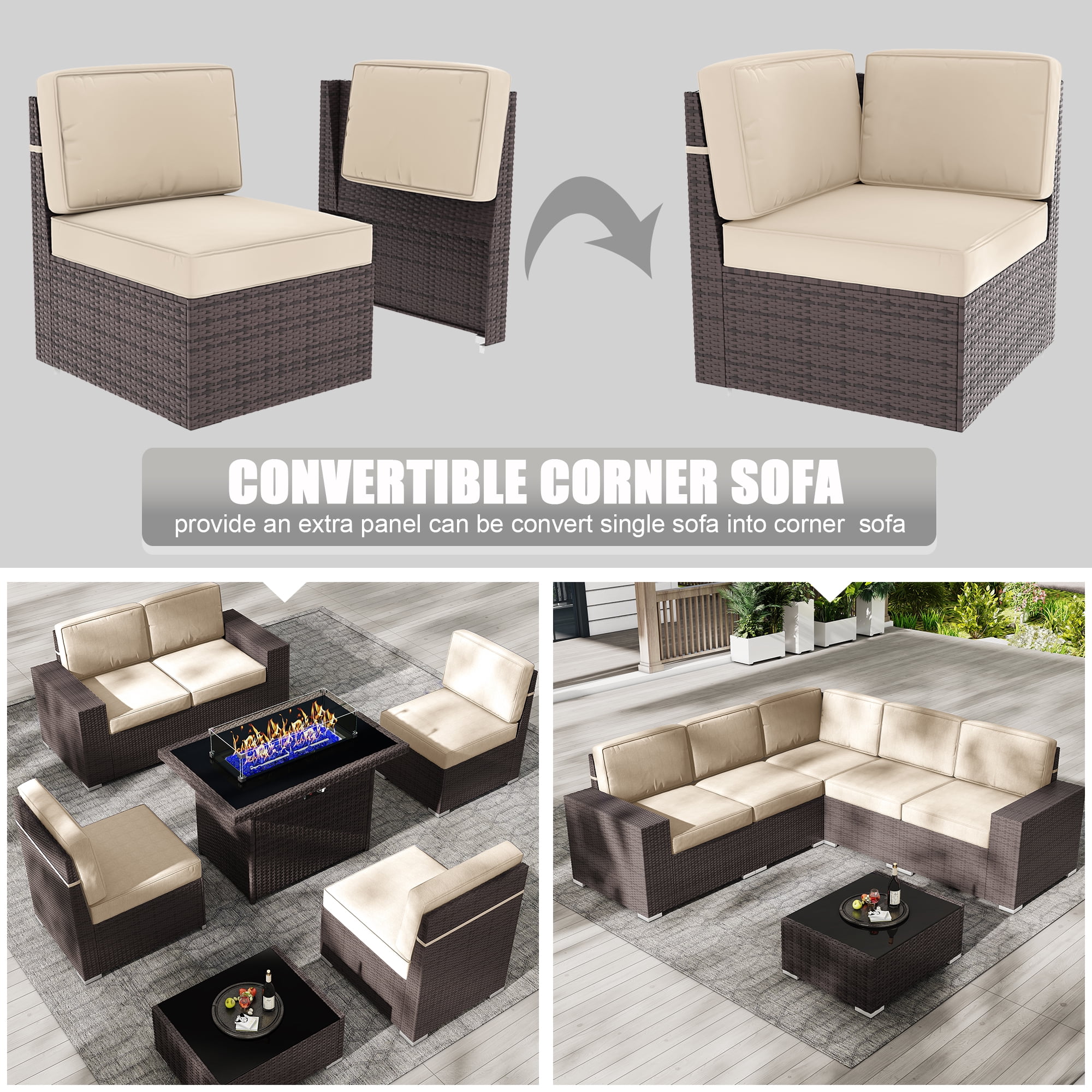 Outdoor Patio Furniture Set 6 Pieces Sectional Conversation Sofa Set Brown Rattan Sofa Set with Coffee Table