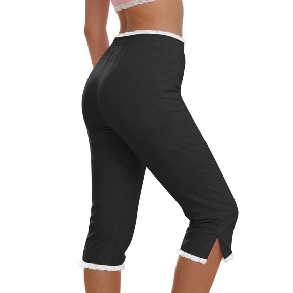 Drovellove Women's Plus Size Capri Leggings – 3/4 High Waisted Stretch Pants with Side Slit & Subtle Lace Detail for Workout, Yoga or Casual Lounging