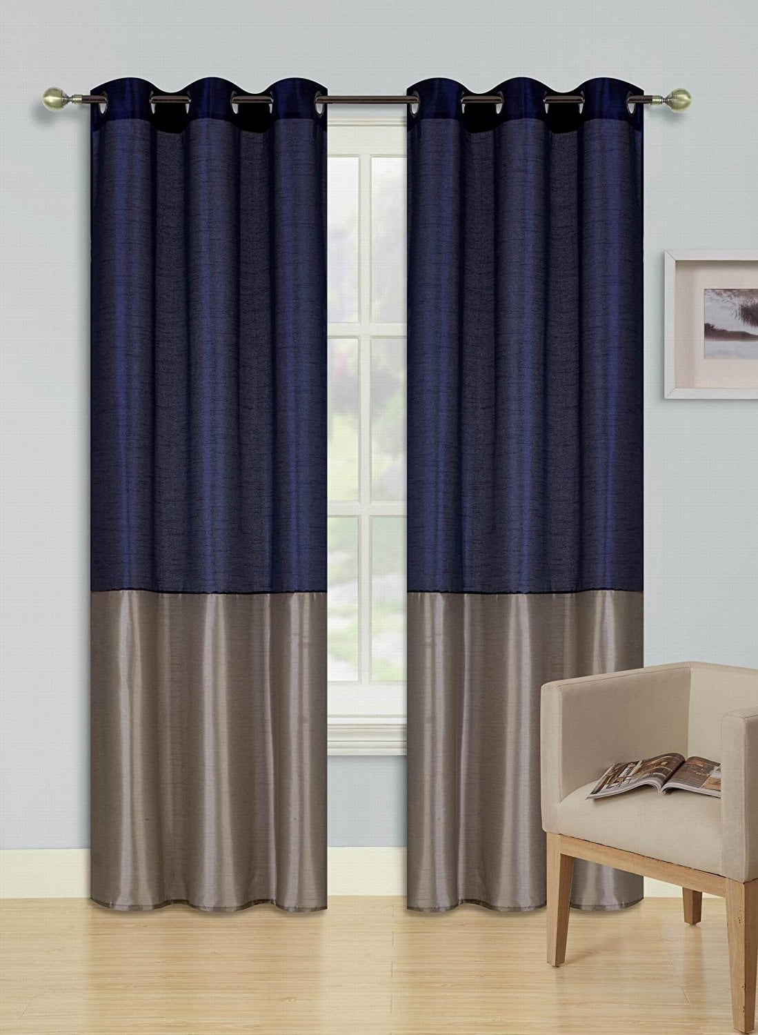 1PC New 2-TONE Window Curtain Grommet Panel Lined Blackout EID TAUPE NAVY BLUE 