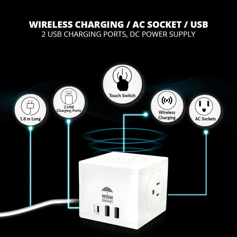 WBM Power Strip Cube, Wireless Charge with 2 AC Outlets, 2 USB Ports & 1 Type C Plug, White