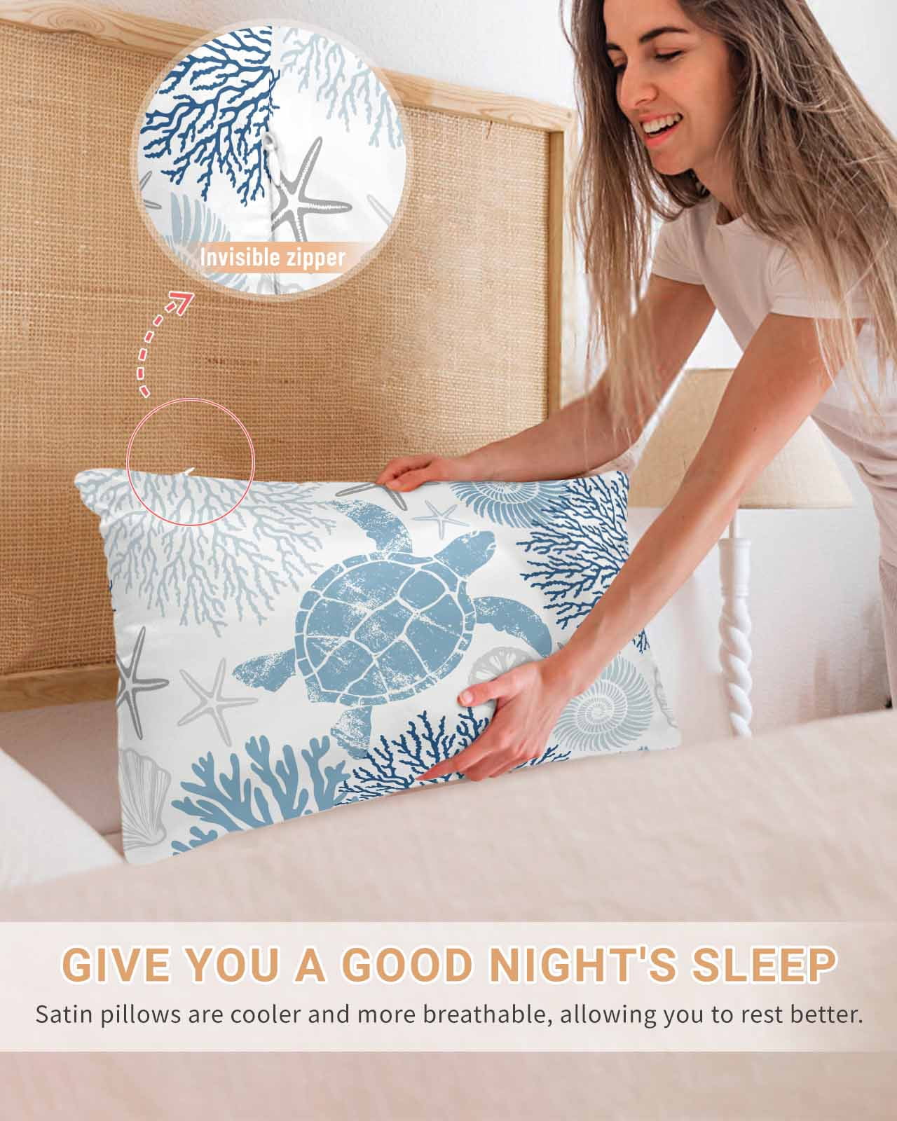 Navy Blue Coastal Turtle Pillow Cases Queen Size Set of 2, Smooth Satin Pillowcase for Hair and Skin, Ocean Coral Nautical Decorative Cooling Bed Pillow Covers with Zipper, 20x30 Inches