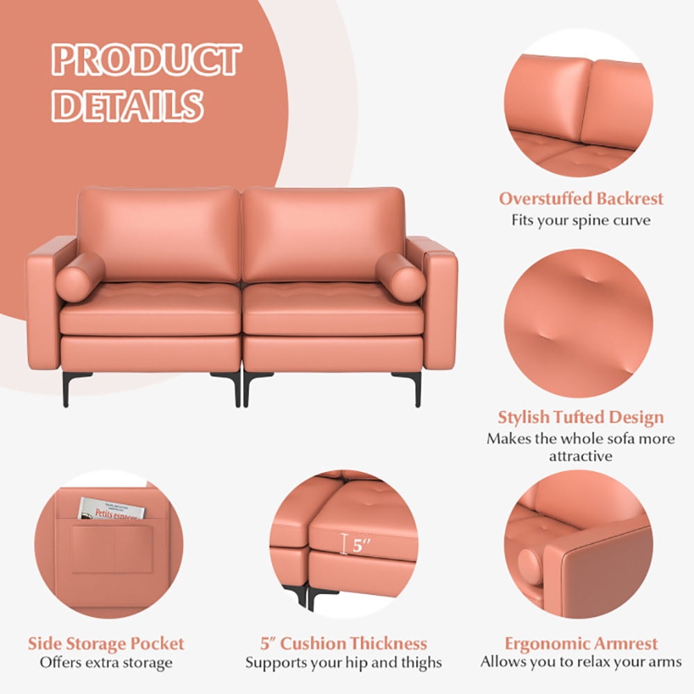 Finihen Loveseat Sofa, Modern Loveseat Sofa with 2 Bolsters and Side Storage Pocket, for Living Room, Bedroom, Pink Finihen Loveseat Sofa, Modern Loveseat Sofa with 2 Bolsters and Side Storage Pocket, for Living Room, Bedroom, Pink