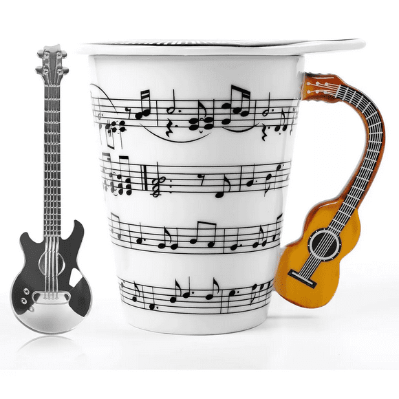 Taza De Café Con Diseño De Asa Guitarra Y Cuchara Guitarra BLANCO