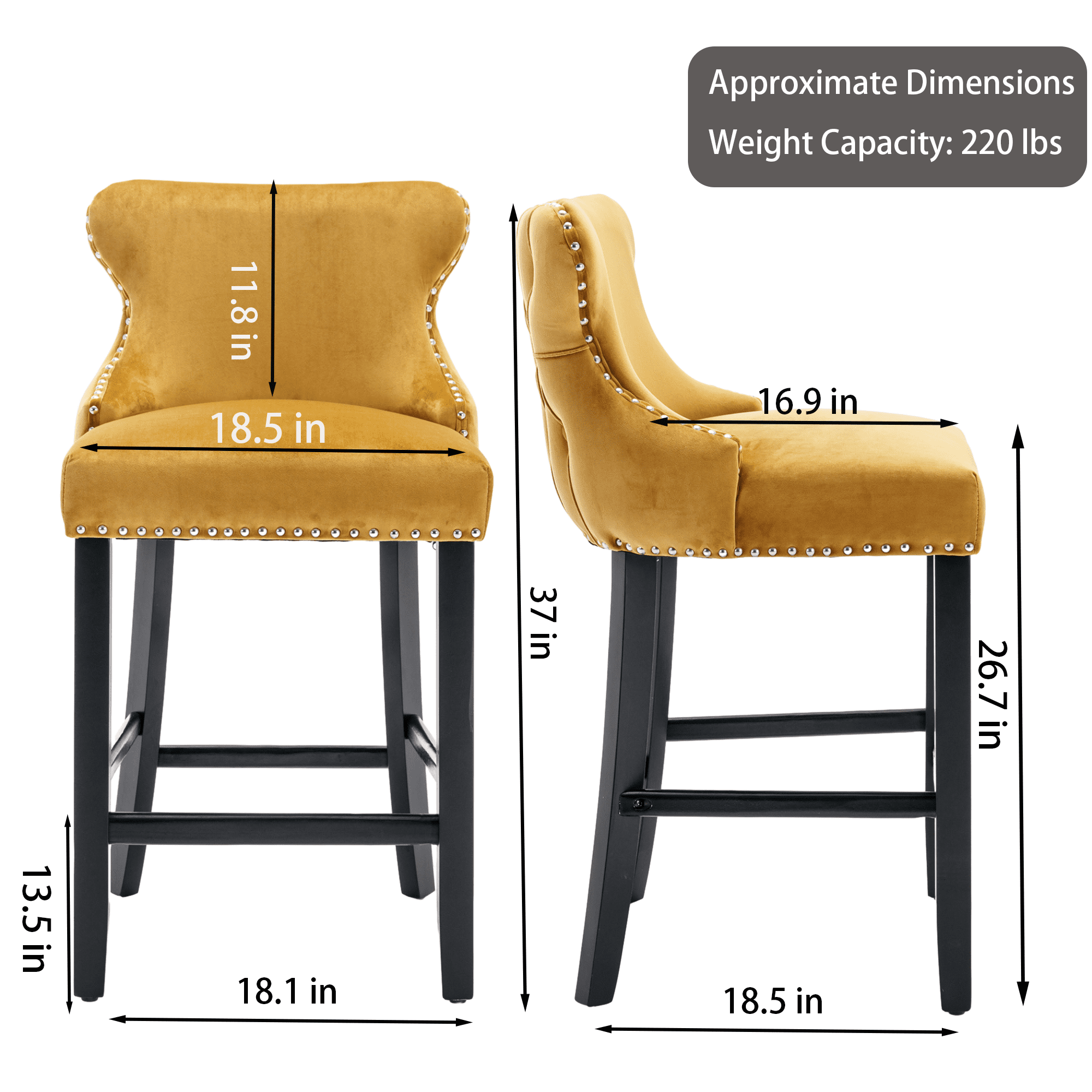 Velvet Counter Height Upholstered Barstools, Bar Stools Seat Height 27", Counter Height Armless Bar Chairs Button Tufted with Solid Wood Legs and Footrest for Kitchen Island Bar Area (Set of 6)