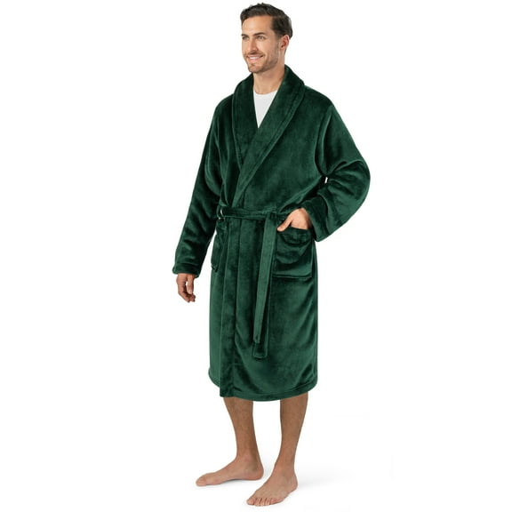 PAVILIA Mens Soft Robe Bathrobe for Men, Lightweight Fleece Male Robe Long Bath Shower Spa with Shawl Collar and Pockets (Green, 2XL/3XL)