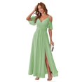thumbnail image 1 of Vestido de dama de honor, divertido, de gasa, hombros descubiertos, largo, color salvia, 1 of 7