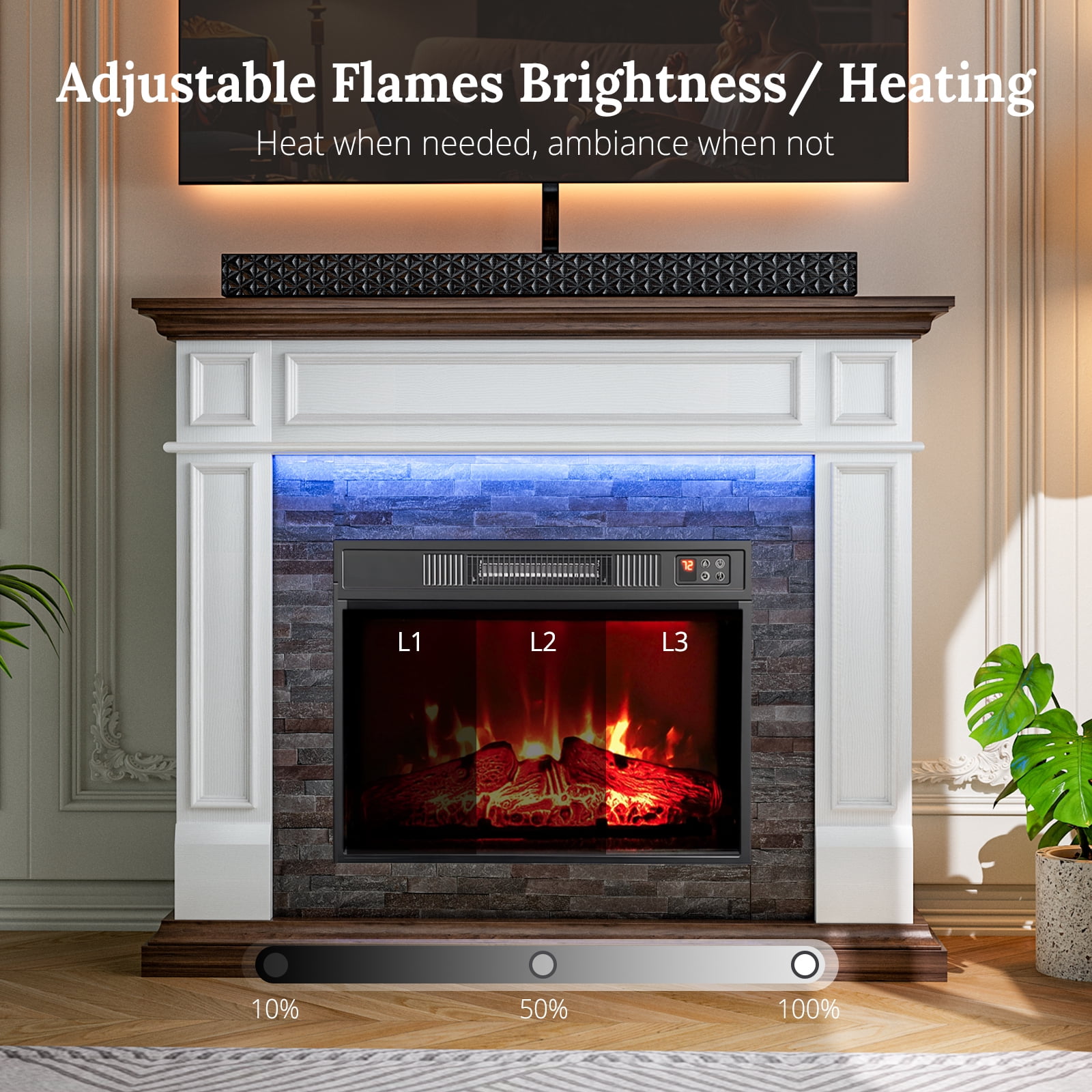 LGHM 44" Electric Fireplace with Mantel, Free Standing Fireplace Heater with LED Lights for Living Room, Bedroom, White & Brown
