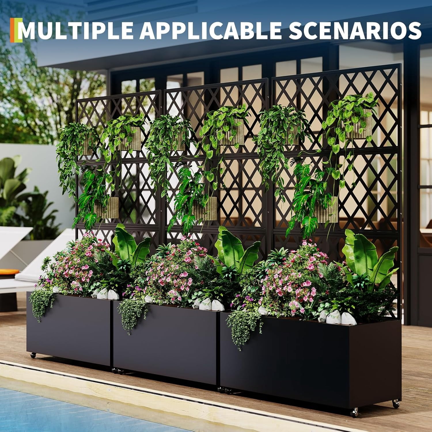 Galvanized Steel Raised Garden Bed with Trellis & Privacy Screen - 71 in x35 in x16 in Planter Box with Lockable Casters & Drainage Holes for Vines, Vegetables On Patio, Deck or Yard