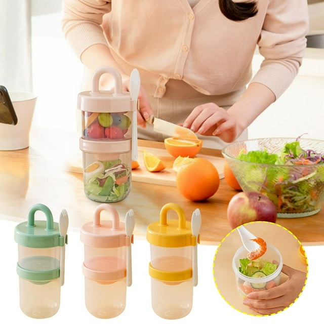 Sentmoon Double Layer Breakfast Cup with Lid and Spoon Simple Yogurt Parfait Container Salad Bowl Portable To Go Food Storage Cup for Diet Meal Prep Takeaway Oatmeal Fruit Lunch Box
