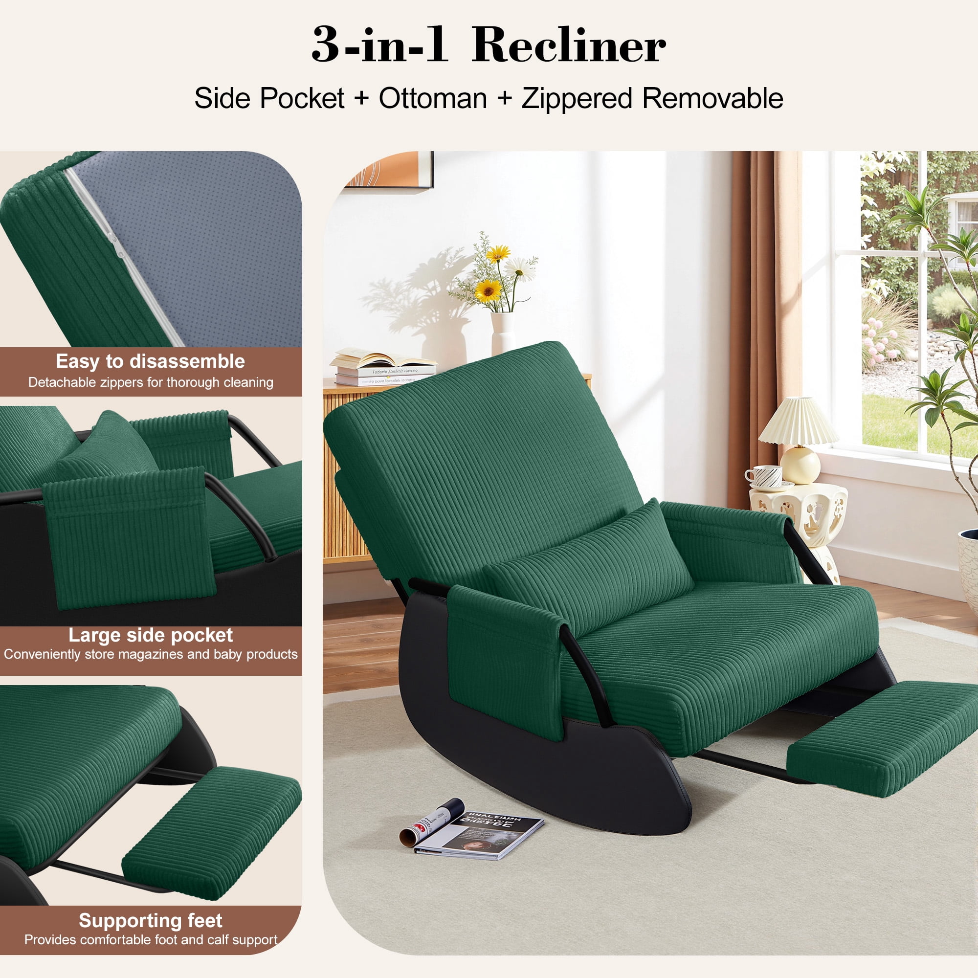 Primy Nursery Rocking Chair, Low-Seat Glider Chair, Upholstered Rocking Accent Chair Recliner with Side Pocket and Foot Rest for Mom Nursery Living Room Bedroom