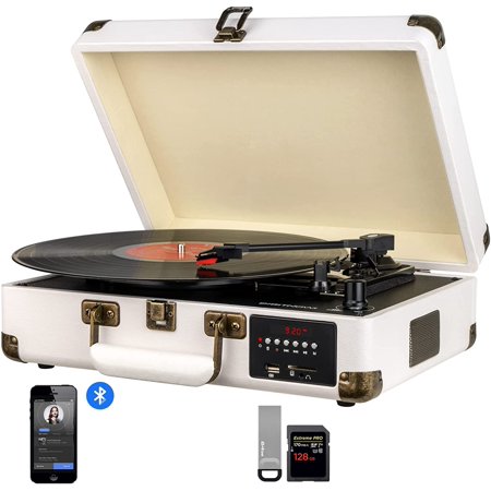 DIGITNOW Record Player, Turntable Suitcase with Multi-Function Bluetooth/FM Radio/USB and SD Card Port/Vinyl to MP3 Converter - White