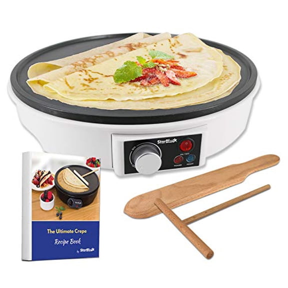 12" Electric Crepe Maker by StarBlue with FREE Recipes e-book and Wooden Spatula - Nonstick and Portable Pan, Compact, Easy Clean with On/off button AC 120V 50/60Hz 1000W