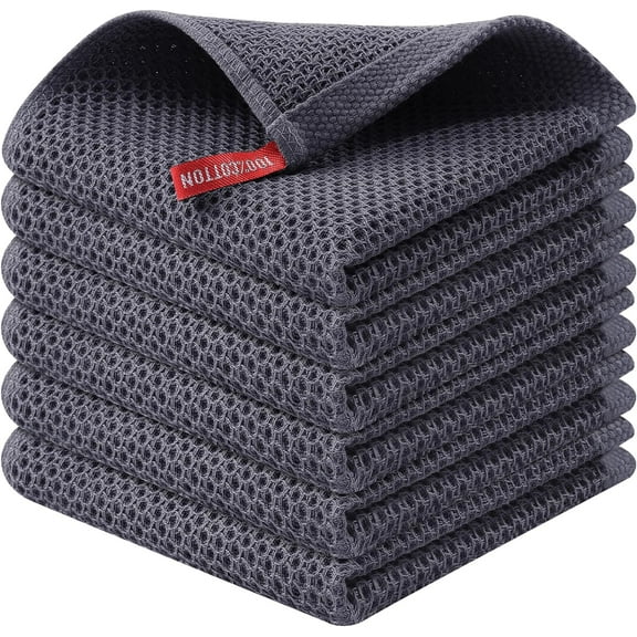 100% Cotton Kitchen Dish Cloths, 6 Pack Waffle Weave Ultra Soft Absorbent Dish Towels for Drying Dishes Quick Drying Kitchen Towels Dish Rags, 12 X 12 Inches, Dark Grey