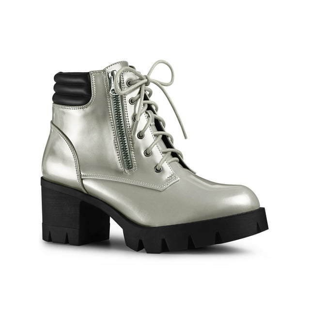 Unique Bargains Women's Lace Up Platform Chunky Heel Combat Booties Silver (Size 7)