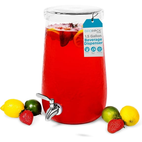 BIRDROCK HOME 1.5 Gallon Hammered Glass Beverage Dispenser with Lid and Stainless Steel Spigot – Round Drink Jar for Lemonade, Tea, Sangria, and Water–Clear Glass–For Parties, Events, and Home Use