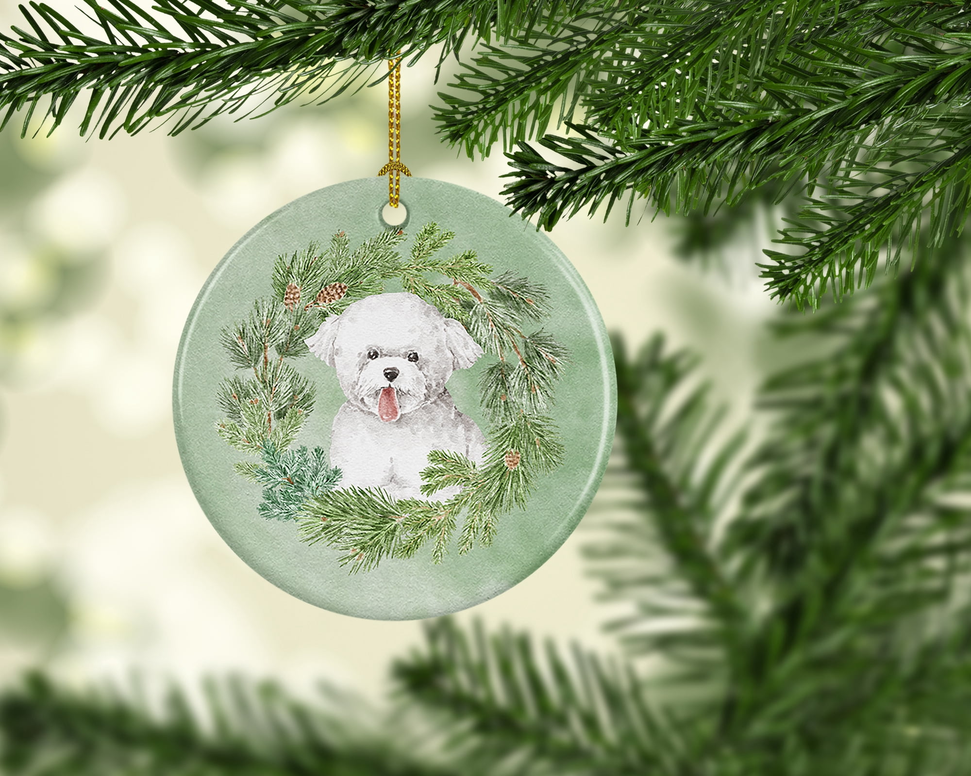Bichon Frise Tongue Out Christmas Wreath Ceramic Ornament 2.8 in x 2.8 in