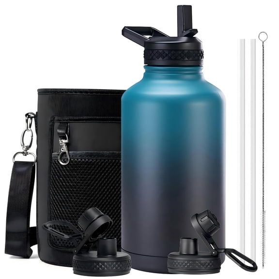 Shihaoyuan 64oz Insulated Stainless Steel Sports Water Bottle with 3 Lids and Sleeve