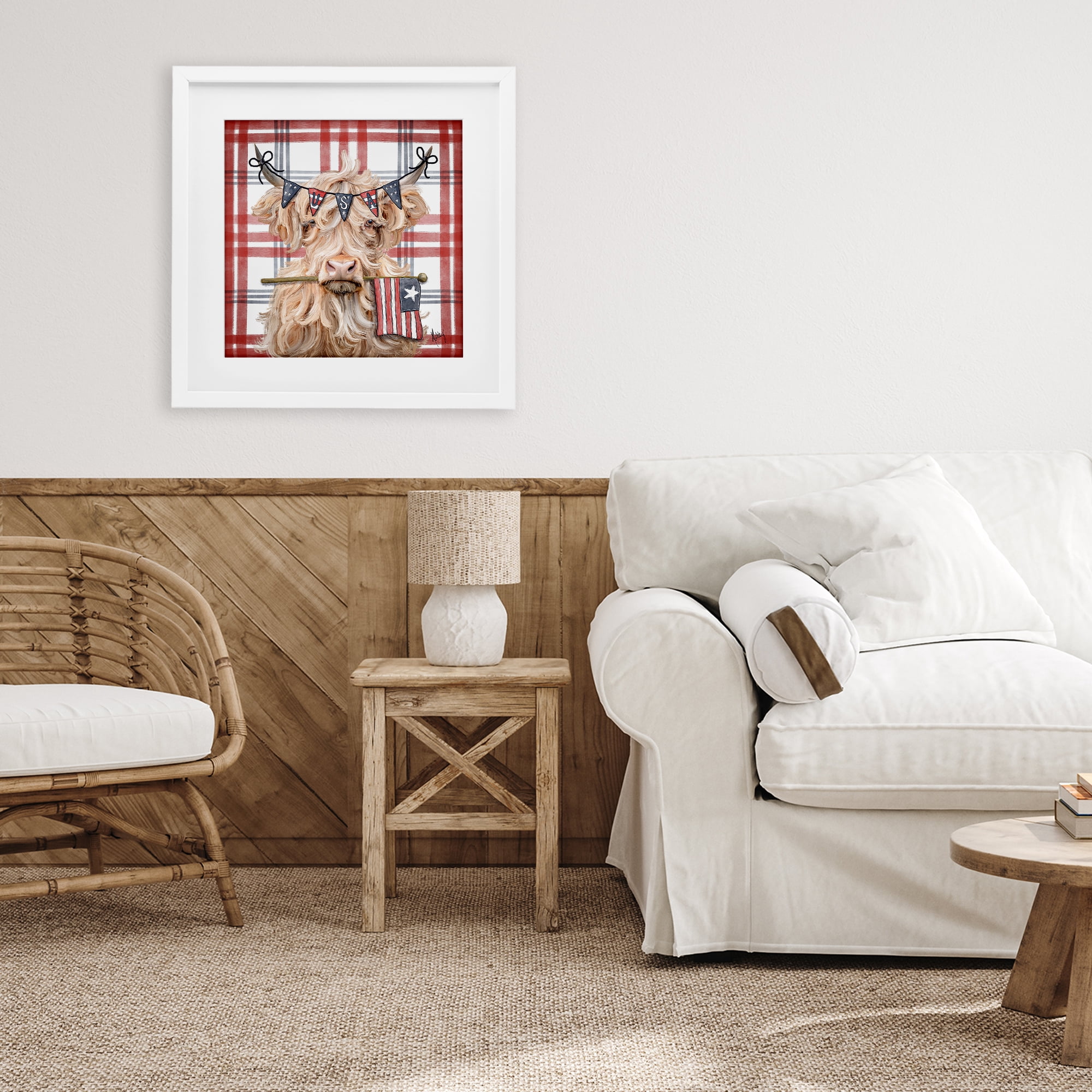 USA Plaid Highland Cattle White Framed Print Under Glass, design by Ashley Bradley