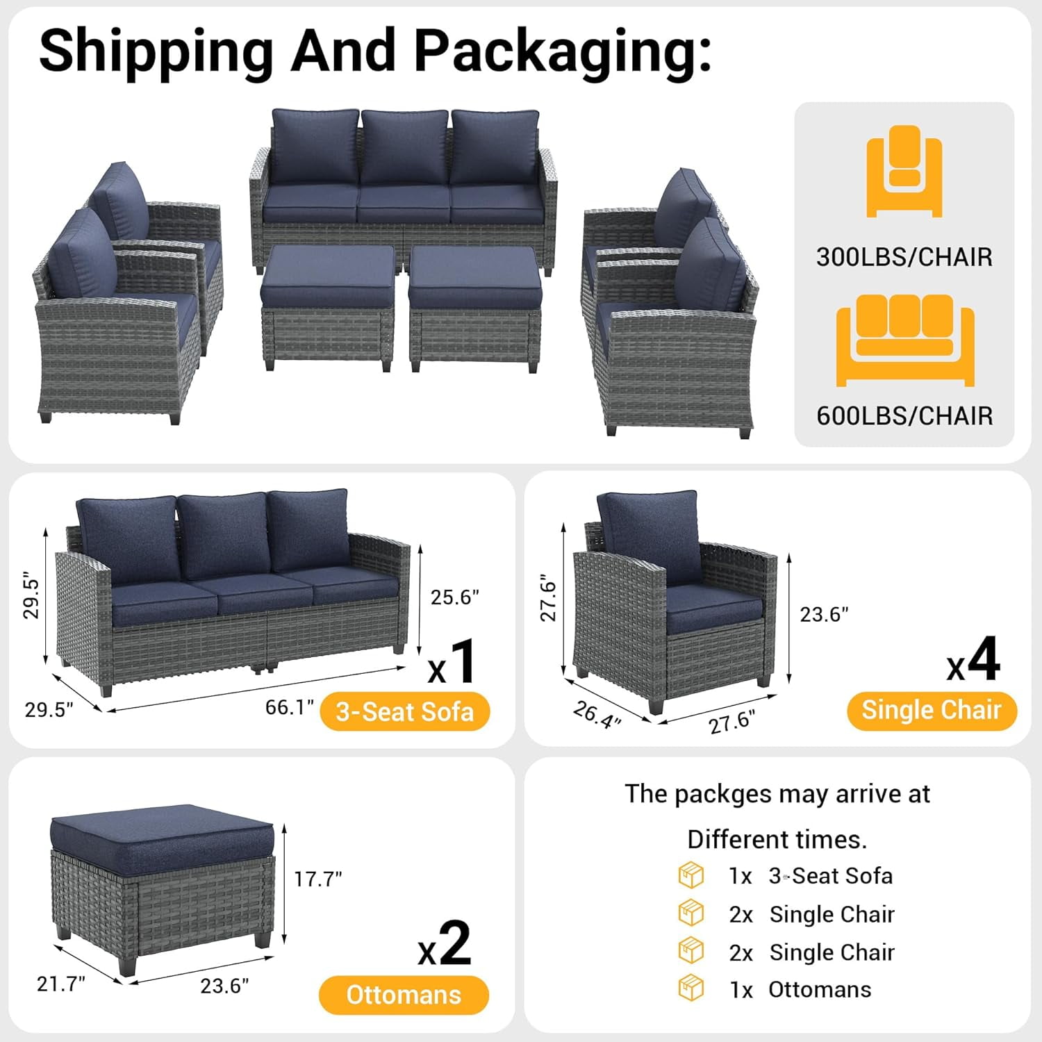 ELPOSUN 7 Pieces Outdoor Patio Furniture Set, 4 x Single Chair, 2 x Ottoman and 3-Seat Sofa with Cushions, Outdoor Wicker Sectional Conversation Set for Garden, Poolside, Backyard, Navy Blue Cushion