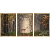 wall26 - 3 Piece Framed Canvas Wall Art - Fallow Deer Standing in a Dreamy Misty Forest, with Beautiful Moody Light - Modern Home Art Stretched and Ready to Hang - 24"x36"x3 Natural