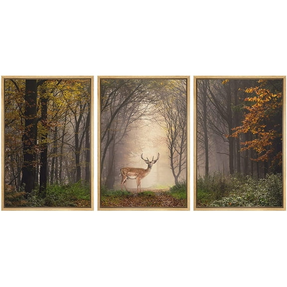 wall26 - 3 Piece Framed Canvas Wall Art - Fallow Deer Standing in a Dreamy Misty Forest, with Beautiful Moody Light - Modern Home Art Stretched and Ready to Hang - 24"x36"x3 Natural