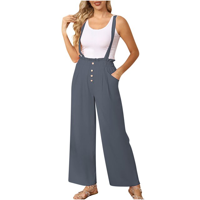 Dealovy Jumpsuits for Women Wide Leg Solid Color Loose Casual Elastic Belted Overall with Pockets
