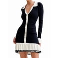 thumbnail image 2 of Women'S Long Sleeve Ruffle Hem Knit Sweater Dress Collared Back Tie Knot Cut Out Mini Bodycon Dress Black XS, 2 of 9