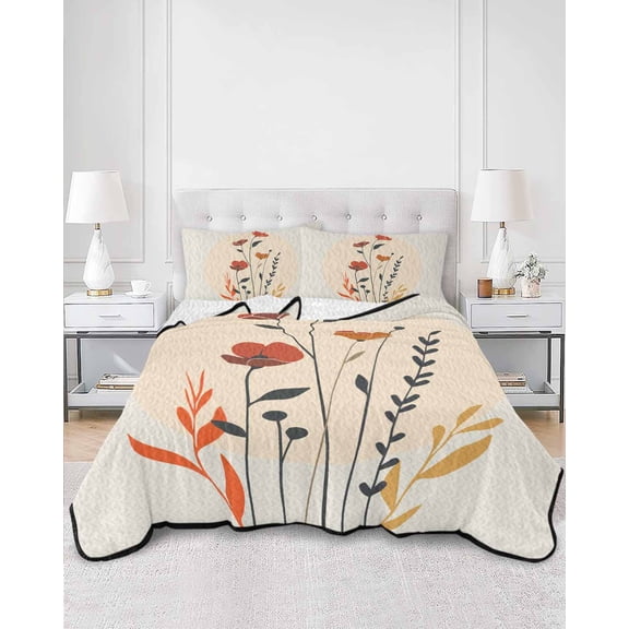 Quilts Twin Size, Spring Floral Soft Comforter Bedding Set for Bed, Middle Century Summer Botanical Boho Lightweight Quilted Bedspread with Pillow Cover(2 Pieces) for All Season, 68x86 Inch