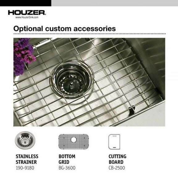 Houzer Eston 32 in Stainless Steel Undermount Single Bowl Kitchen Sink with Strainer and Grid - STL-3600-C