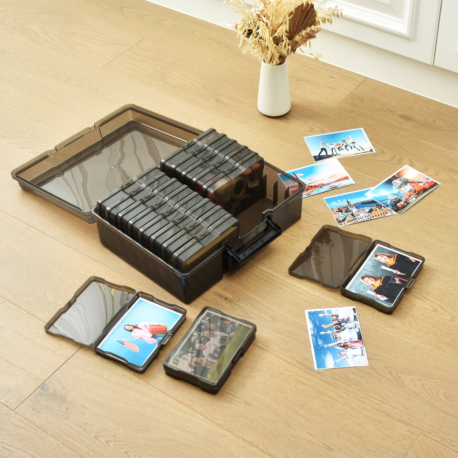 Photo Storage Box with Handle, 4" x 6" Photo Organizer Storage Container with 16 Inner Case, Photo Case for Pictures, Arts, Office Supplies - Black