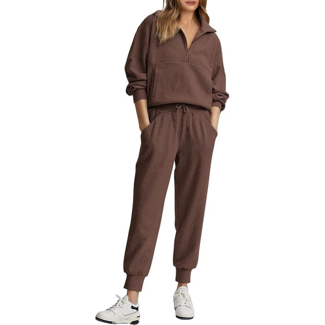 Womens 2 Piece Sweatsuits Set Long Sleeve Half Zip Pullover Sweatshirt Joggers Sweatpants Fall Outfits Tracksuit