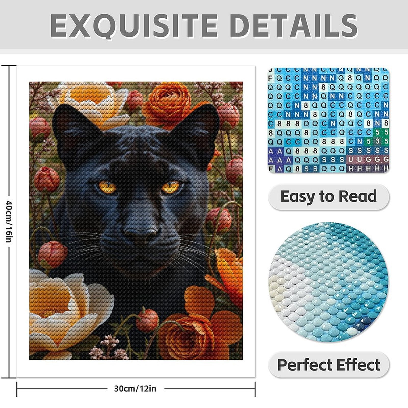 Diamond Art Kit for Adults, Panther Floral Portrait Diamond Painting for Adults Beginners, DIY Diamond Art Painting Kits, 5D Diamond Painting Crafts for Home Decor 12x16 Frameless