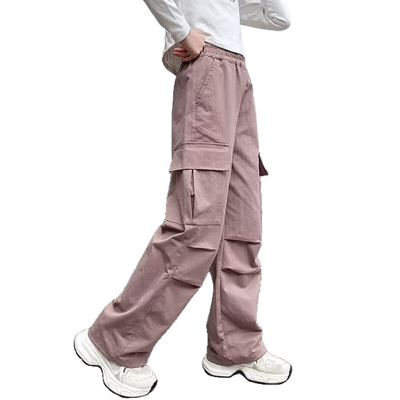 WhouRiu Girls Casual Cargo Pants Solid Color Elastic Waist Baggy Wide Leg Pants Kids Comfortable Daily Trousers With Pockets,11-12 Years
