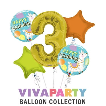 Happy Birthday Llama Round Balloon Bouquet 5 pc, 3rd Birthday, Gold Number 3 Jumbo Balloon | Viva Party Balloon Collection