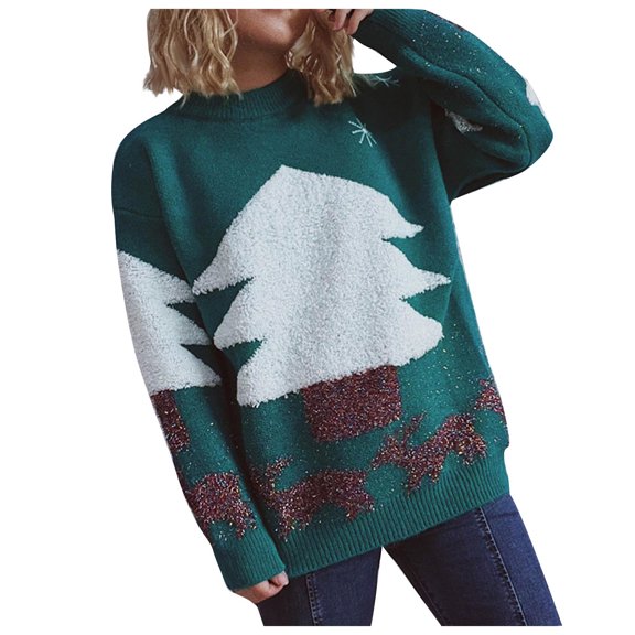Lilgiuy Christmas Tree Thickened Ladies Casual Print Long Sleeve Round Neck Pullover Sweater Top Green Dresses for 2022